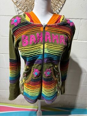 Bahama Embroidered Olive Hoodie Jacket with Rainbow Accents